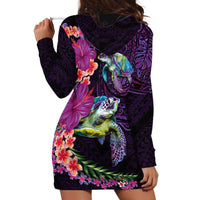 Hawaiian Plumeria and Hibiscus with Turtles Hoodie Dress Polynesian Art Purple Color LT03 - Polynesian Pride