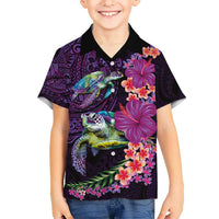 Hawaiian Plumeria and Hibiscus with Turtles Kid Hawaiian Shirt Polynesian Art Purple Color LT03 Kid Purple - Polynesian Pride