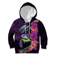Hawaiian Plumeria and Hibiscus with Turtles Kid Hoodie Polynesian Art Purple Color - Polynesian Pride
