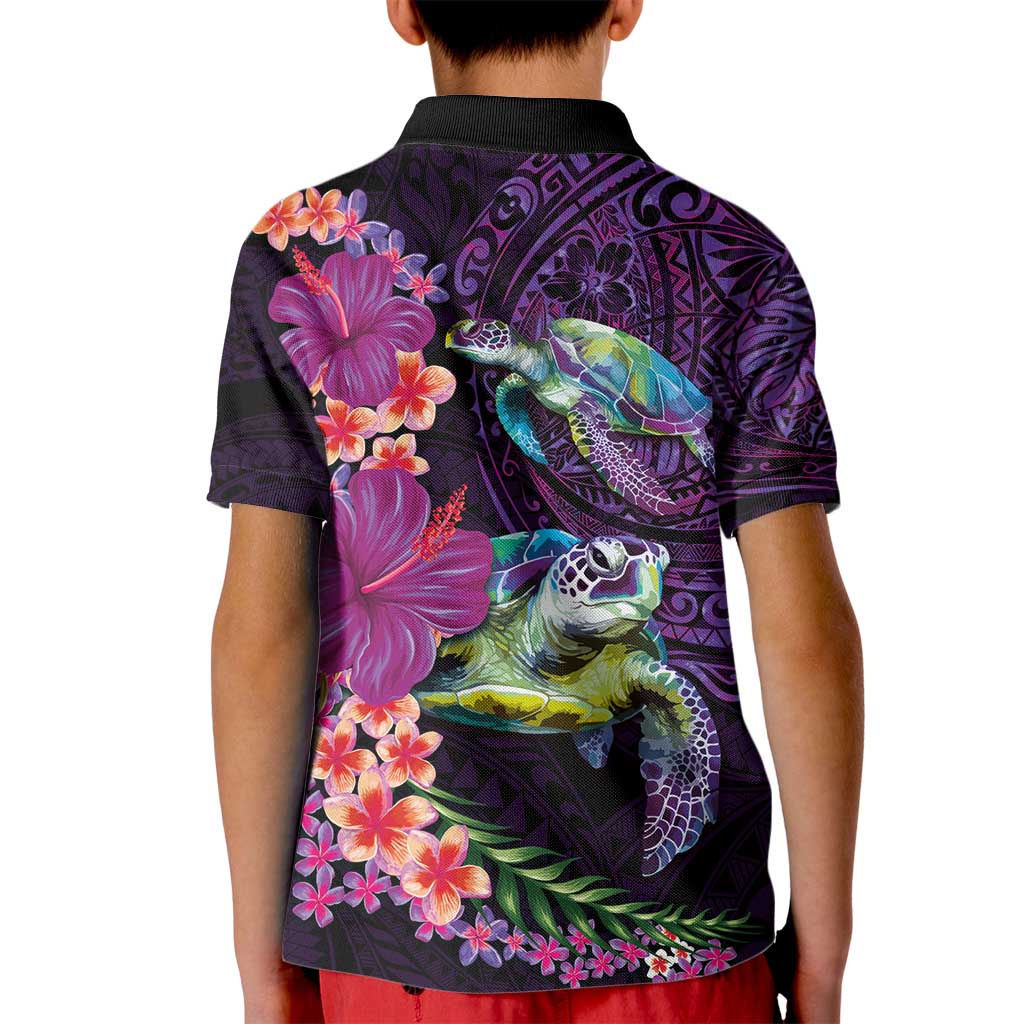 Hawaiian Plumeria and Hibiscus with Turtles Kid Polo Shirt Polynesian Art Purple Color LT03 - Polynesian Pride