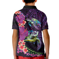 Hawaiian Plumeria and Hibiscus with Turtles Kid Polo Shirt Polynesian Art Purple Color LT03 - Polynesian Pride