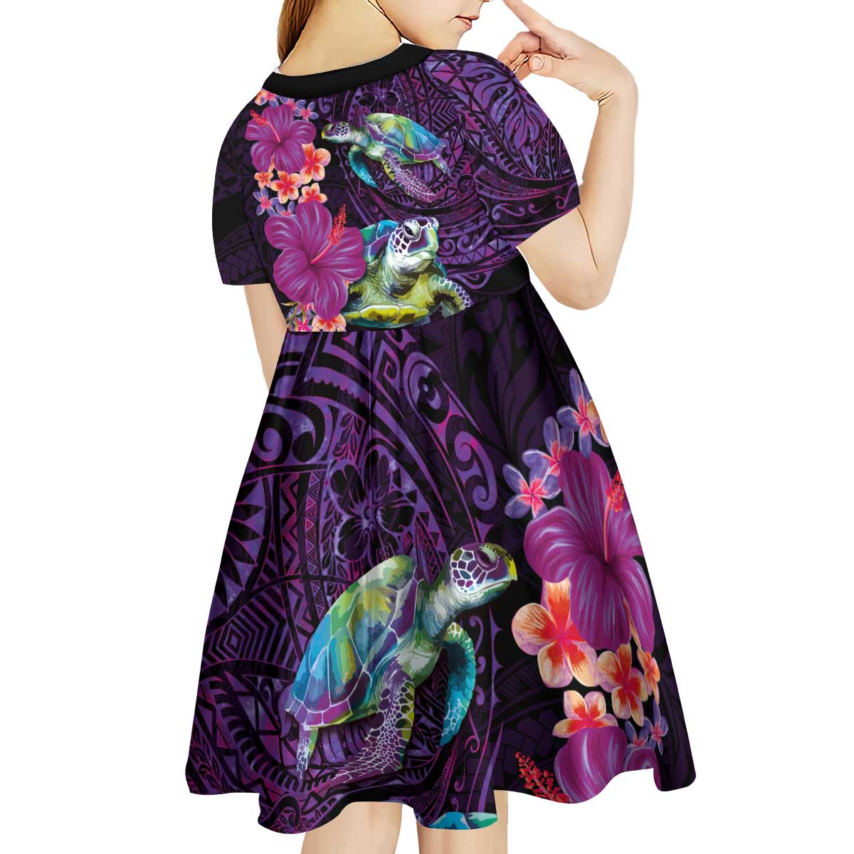 Hawaiian Plumeria and Hibiscus with Turtles Kid Short Sleeve Dress Polynesian Art Purple Color LT03 - Polynesian Pride