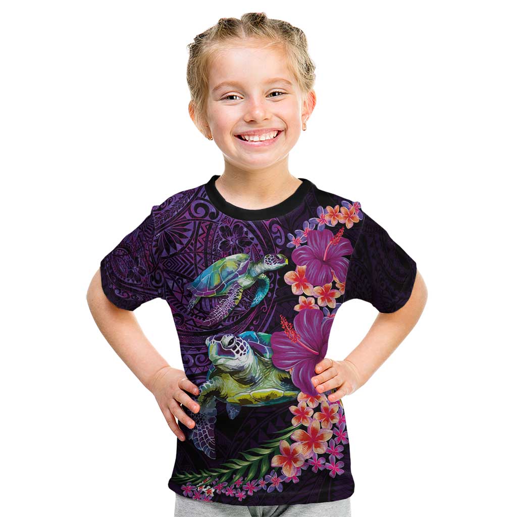 Hawaiian Plumeria and Hibiscus with Turtles Kid T Shirt Polynesian Art Purple Color LT03 Purple - Polynesian Pride