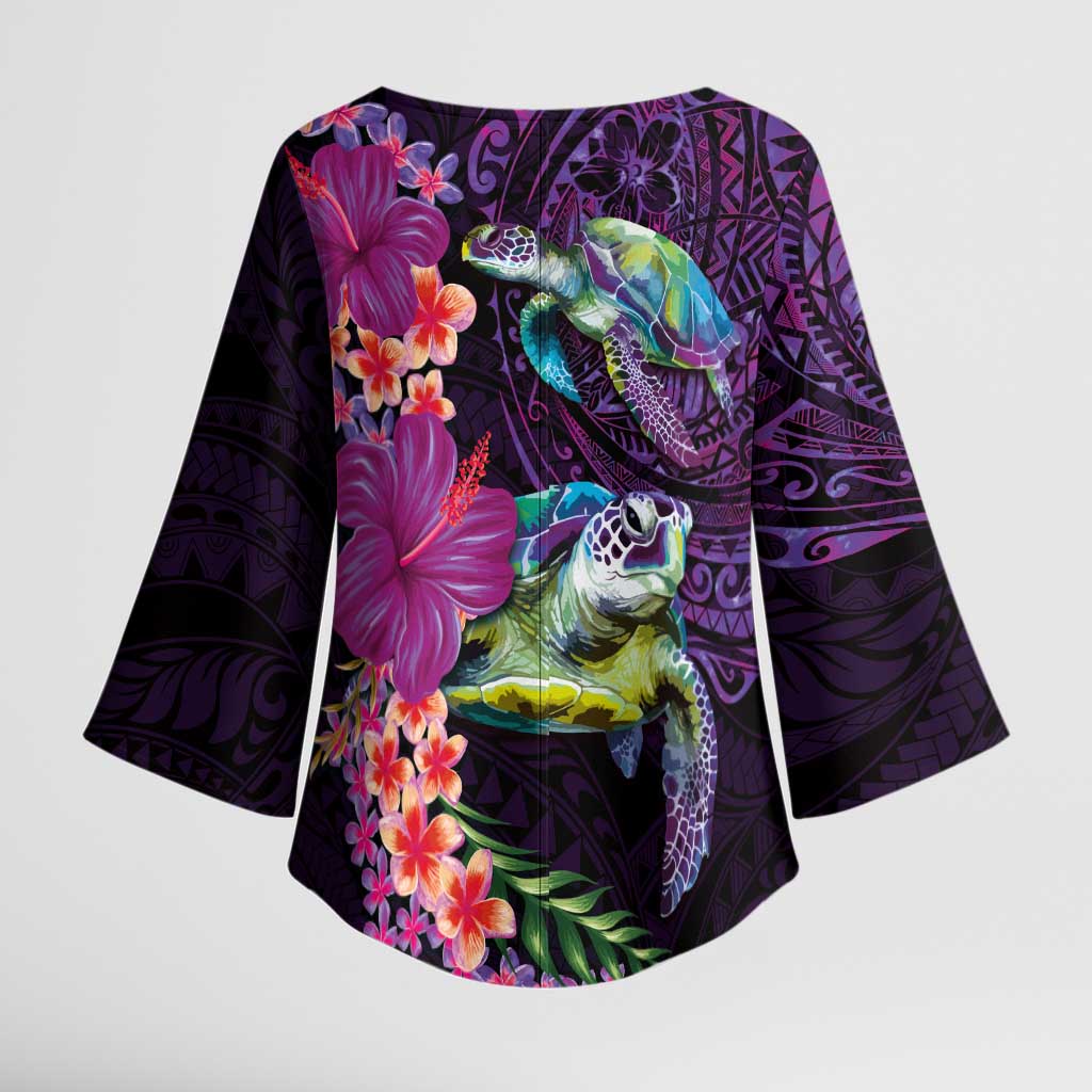Hawaiian Plumeria and Hibiscus with Turtles Kimono Sleeve Blouse Polynesian Art Purple Color LT03 - Polynesian Pride