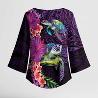 Hawaiian Plumeria and Hibiscus with Turtles Kimono Sleeve Blouse Polynesian Art Purple Color LT03 - Polynesian Pride