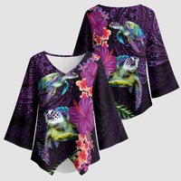 Hawaiian Plumeria and Hibiscus with Turtles Kimono Sleeve Blouse Polynesian Art Purple Color LT03 - Polynesian Pride