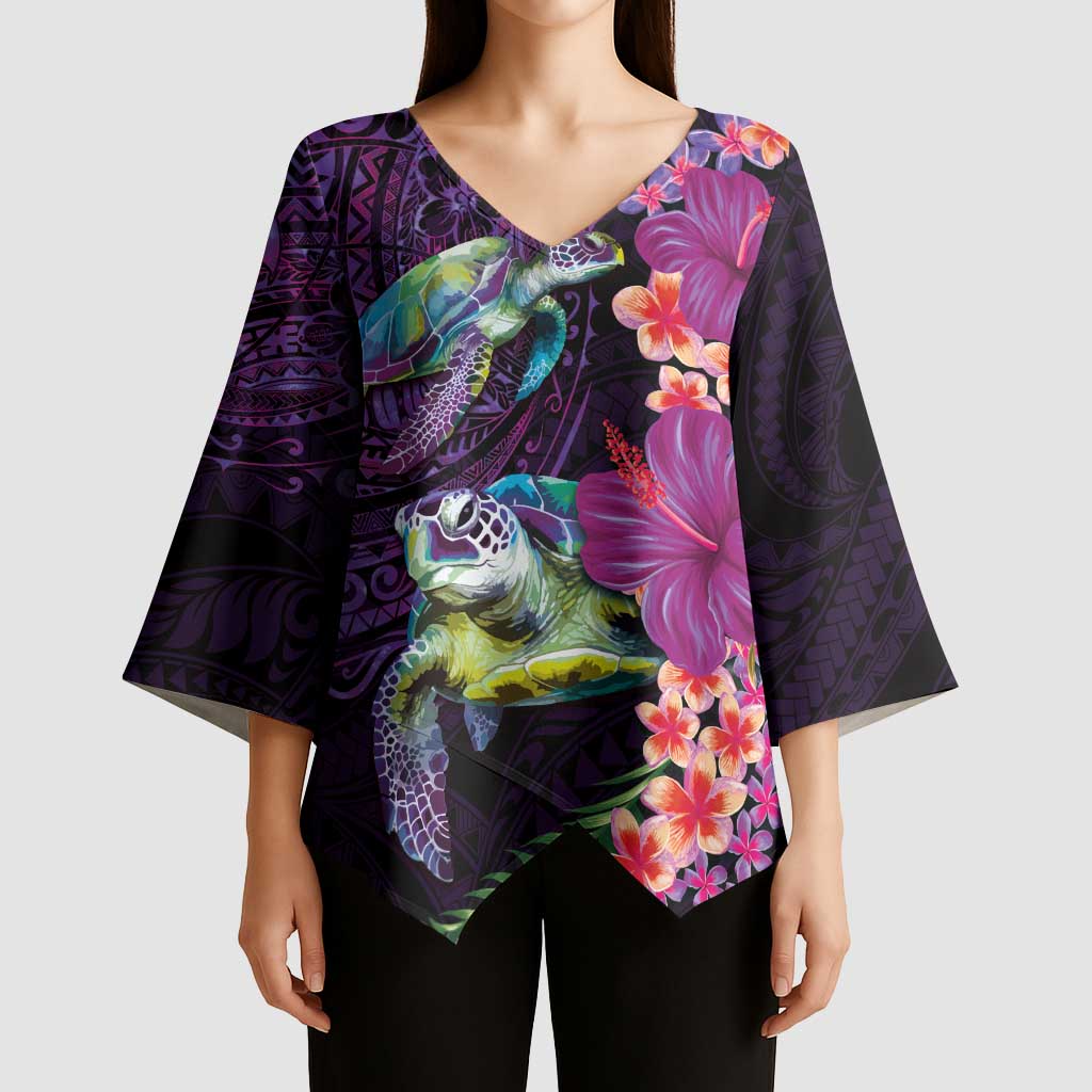 Hawaiian Plumeria and Hibiscus with Turtles Kimono Sleeve Blouse Polynesian Art Purple Color LT03 - Polynesian Pride