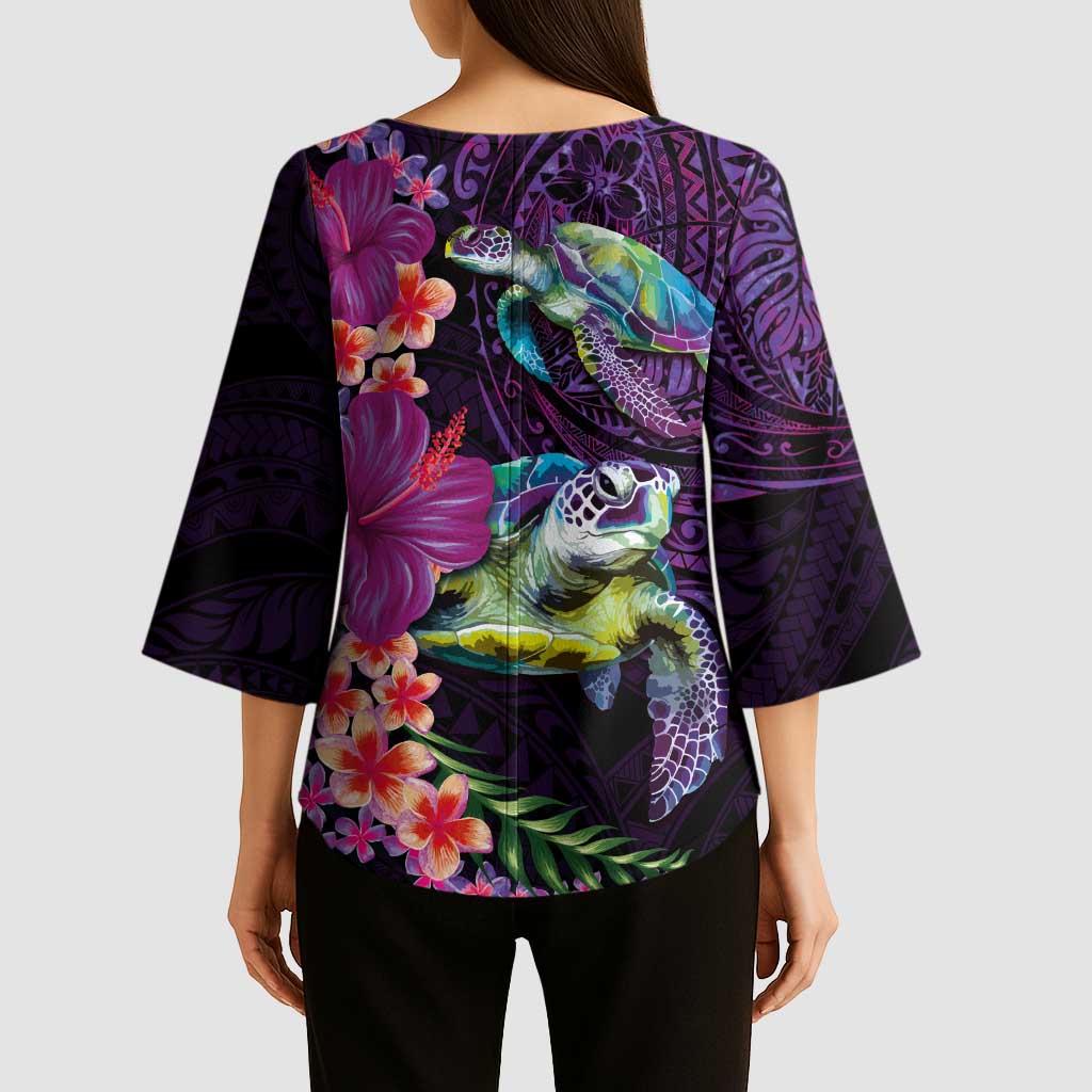 Hawaiian Plumeria and Hibiscus with Turtles Kimono Sleeve Blouse Polynesian Art Purple Color LT03 - Polynesian Pride