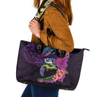 Hawaiian Plumeria and Hibiscus with Turtles Leather Tote Bag Polynesian Art Purple Color LT03 Purple - Polynesian Pride