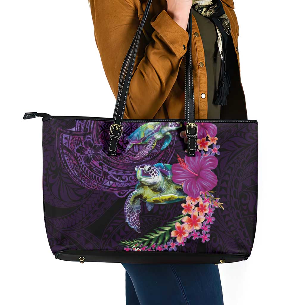 Hawaiian Plumeria and Hibiscus with Turtles Leather Tote Bag Polynesian Art Purple Color LT03 - Polynesian Pride