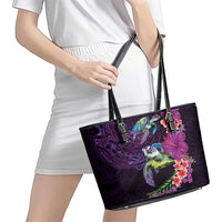 Hawaiian Plumeria and Hibiscus with Turtles Leather Tote Bag Polynesian Art Purple Color LT03 - Polynesian Pride
