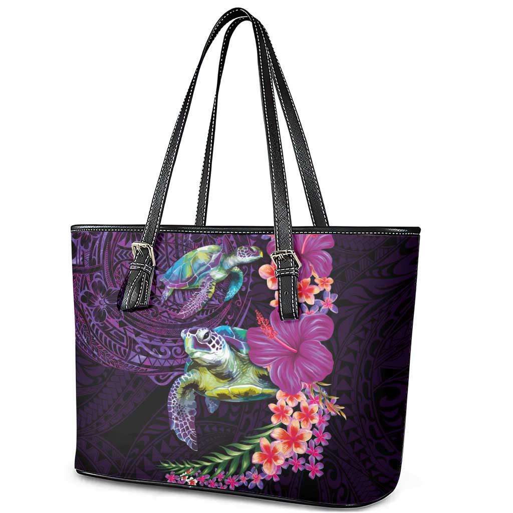 Hawaiian Plumeria and Hibiscus with Turtles Leather Tote Bag Polynesian Art Purple Color LT03 - Polynesian Pride