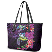 Hawaiian Plumeria and Hibiscus with Turtles Leather Tote Bag Polynesian Art Purple Color LT03 - Polynesian Pride