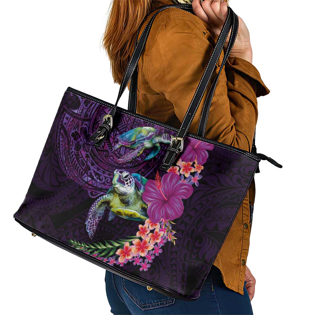 Hawaiian Plumeria and Hibiscus with Turtles Leather Tote Bag Polynesian Art Purple Color LT03 - Polynesian Pride