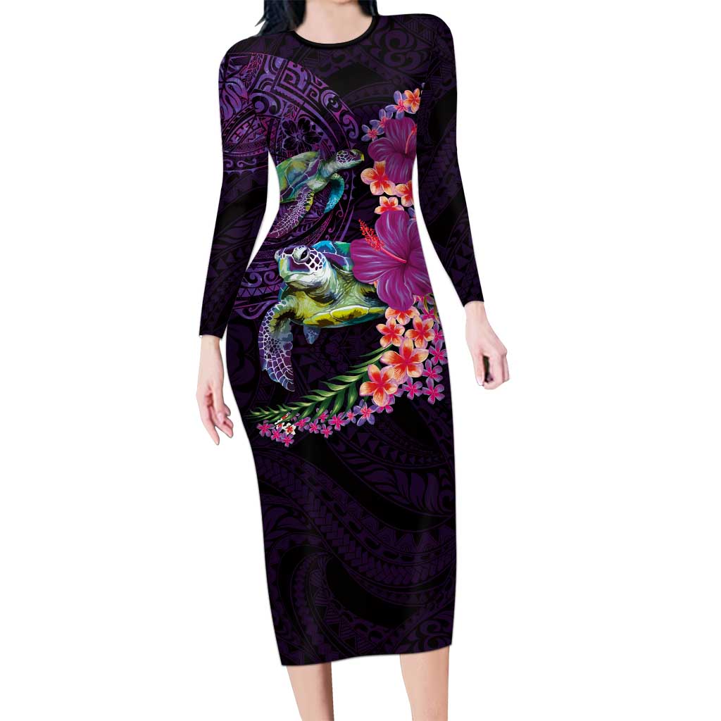 Hawaiian Plumeria and Hibiscus with Turtles Long Sleeve Bodycon Dress Polynesian Art Purple Color LT03 Long Dress Purple - Polynesian Pride