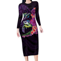 Hawaiian Plumeria and Hibiscus with Turtles Long Sleeve Bodycon Dress Polynesian Art Purple Color LT03 Long Dress Purple - Polynesian Pride