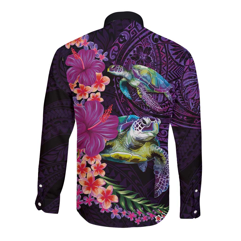 Hawaiian Plumeria and Hibiscus with Turtles Long Sleeve Button Shirt Polynesian Art Purple Color LT03 - Polynesian Pride