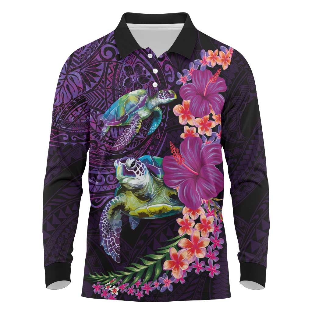 Hawaiian Plumeria and Hibiscus with Turtles Long Sleeve Polo Shirt Polynesian Art Purple Color LT03 Purple - Polynesian Pride