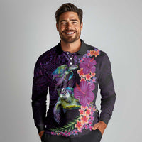 Hawaiian Plumeria and Hibiscus with Turtles Long Sleeve Polo Shirt Polynesian Art Purple Color LT03 - Polynesian Pride