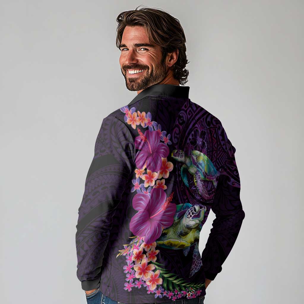 Hawaiian Plumeria and Hibiscus with Turtles Long Sleeve Polo Shirt Polynesian Art Purple Color LT03 - Polynesian Pride