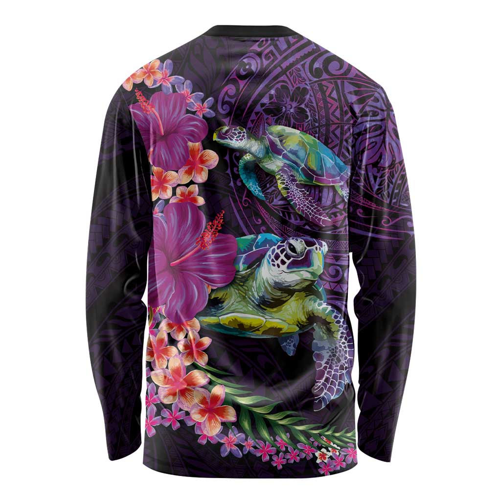 Hawaiian Plumeria and Hibiscus with Turtles Long Sleeve Shirt Polynesian Art Purple Color LT03 - Polynesian Pride