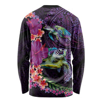 Hawaiian Plumeria and Hibiscus with Turtles Long Sleeve Shirt Polynesian Art Purple Color LT03 - Polynesian Pride