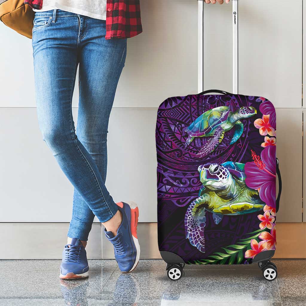 Hawaiian Plumeria and Hibiscus with Turtles Luggage Cover Polynesian Art Purple Color LT03 - Polynesian Pride