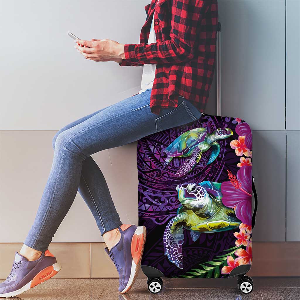 Hawaiian Plumeria and Hibiscus with Turtles Luggage Cover Polynesian Art Purple Color LT03 - Polynesian Pride
