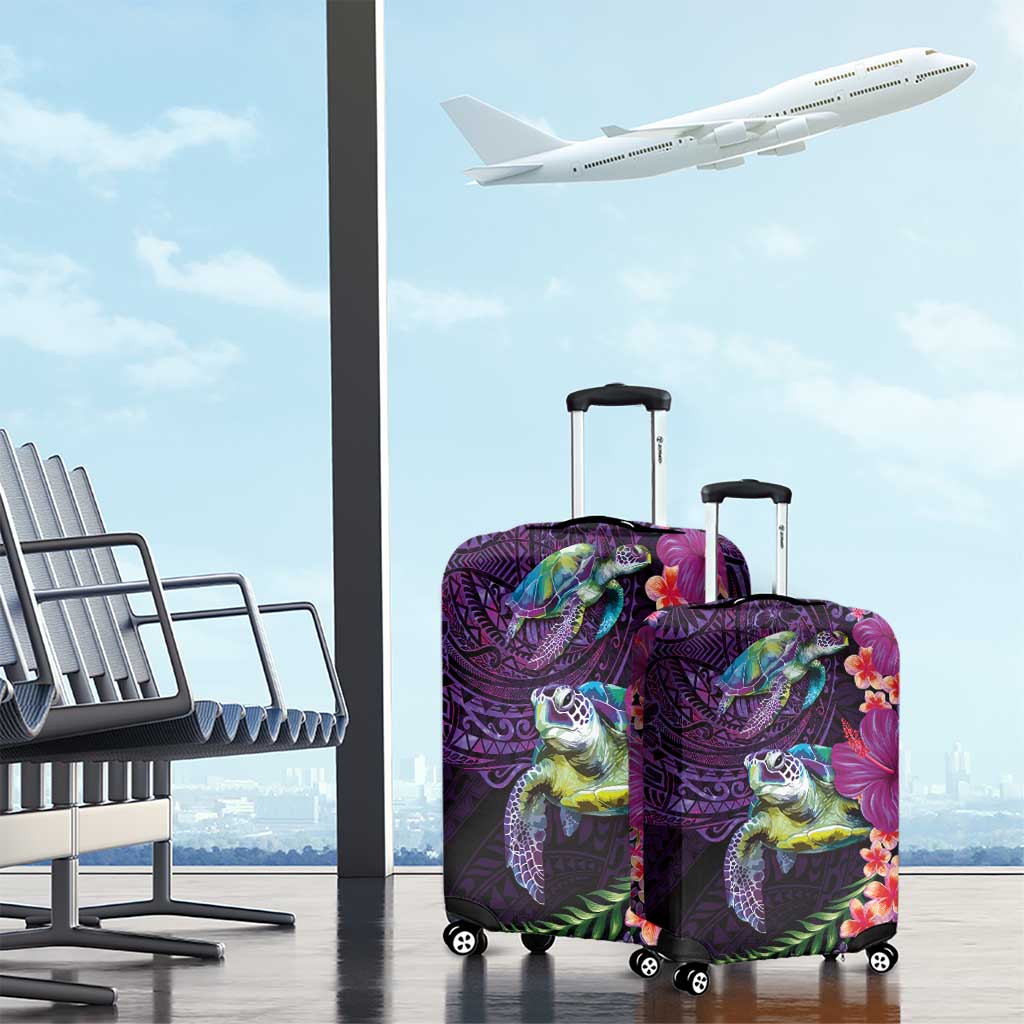 Hawaiian Plumeria and Hibiscus with Turtles Luggage Cover Polynesian Art Purple Color LT03 - Polynesian Pride