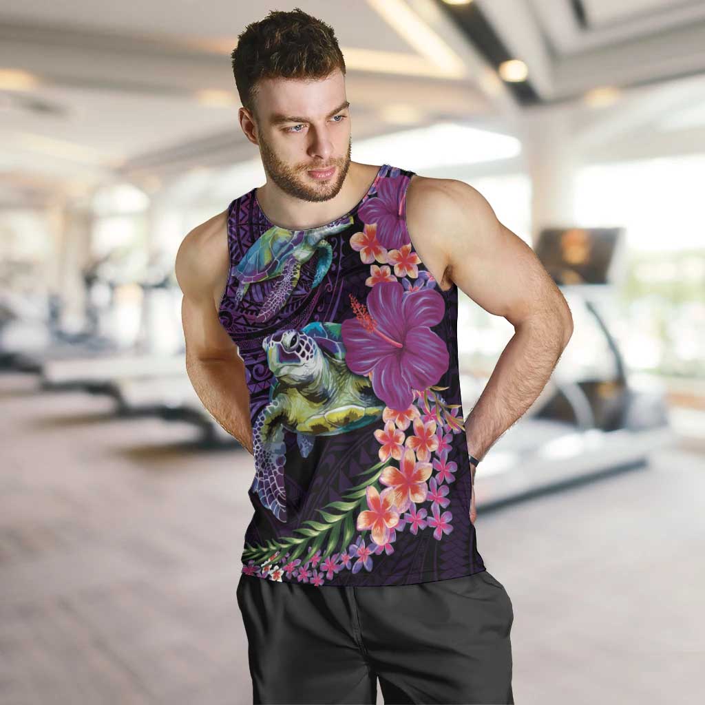 Hawaiian Plumeria and Hibiscus with Turtles Men Tank Top Polynesian Art Purple Color - Polynesian Pride