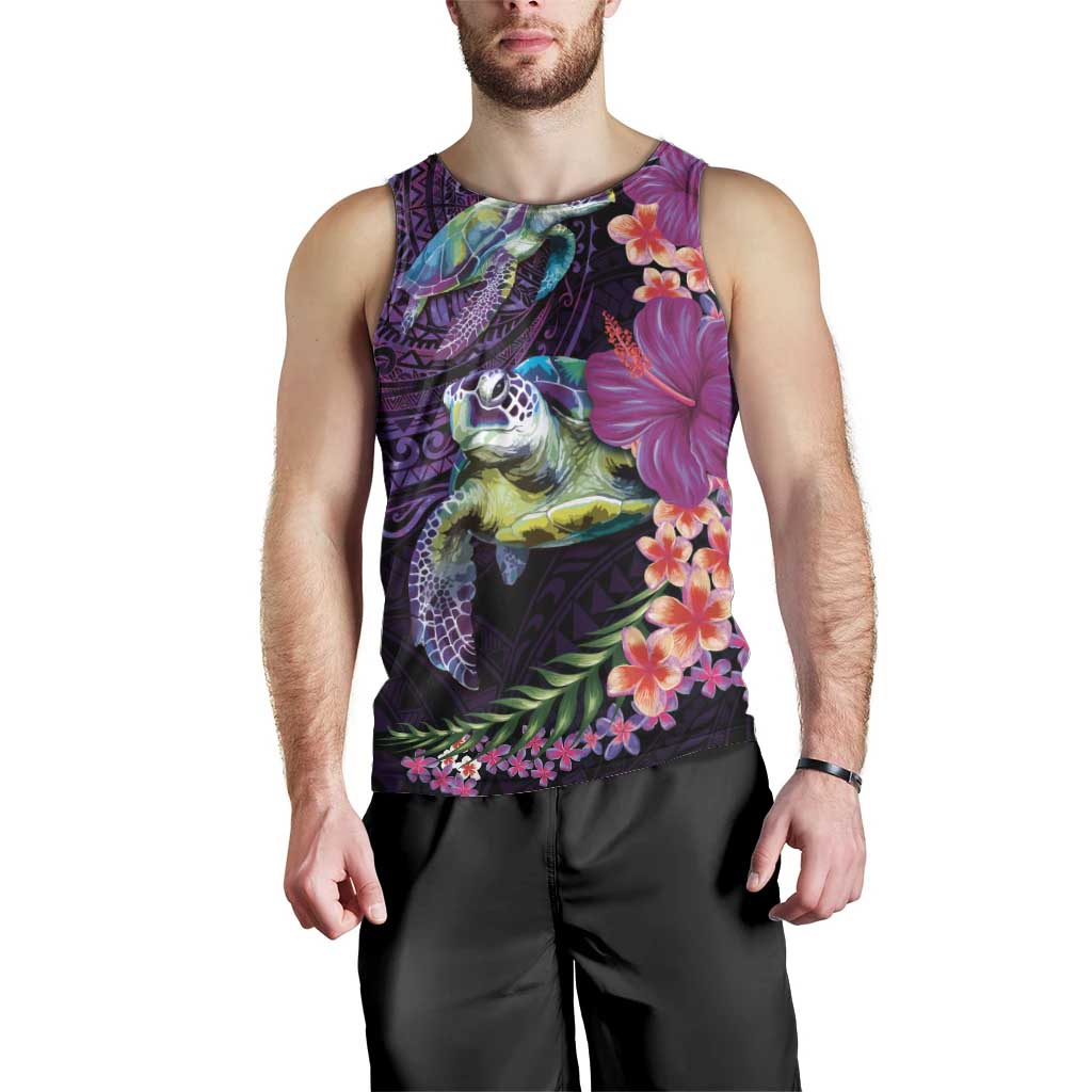 Hawaiian Plumeria and Hibiscus with Turtles Men Tank Top Polynesian Art Purple Color LT03 - Polynesian Pride