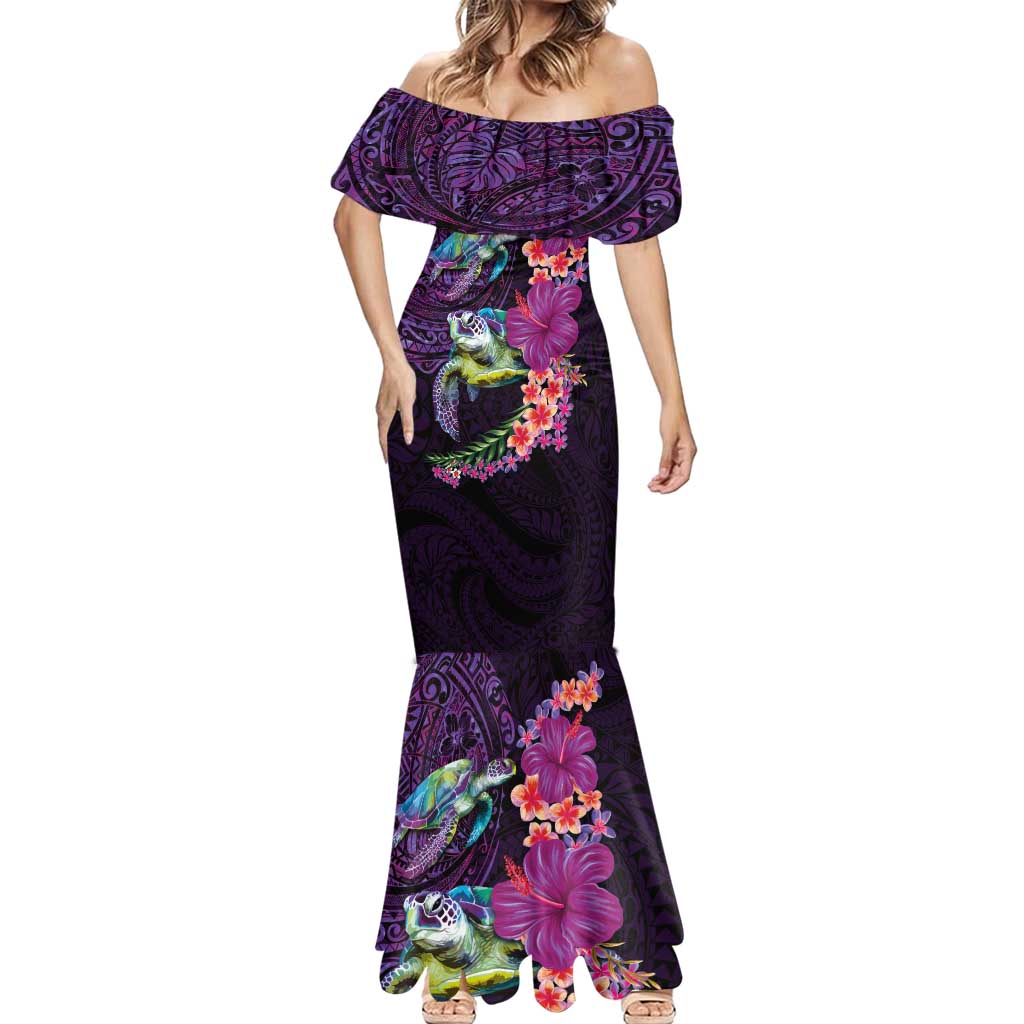 Hawaiian Plumeria and Hibiscus with Turtles Mermaid Dress Polynesian Art Purple Color LT03 - Polynesian Pride