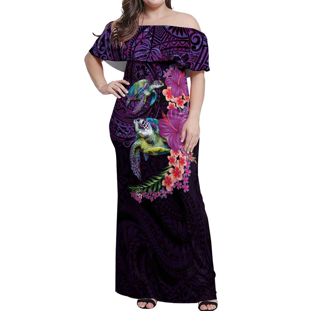 Hawaiian Plumeria and Hibiscus with Turtles Off Shoulder Maxi Dress Polynesian Art Purple Color LT03 Women Purple - Polynesian Pride