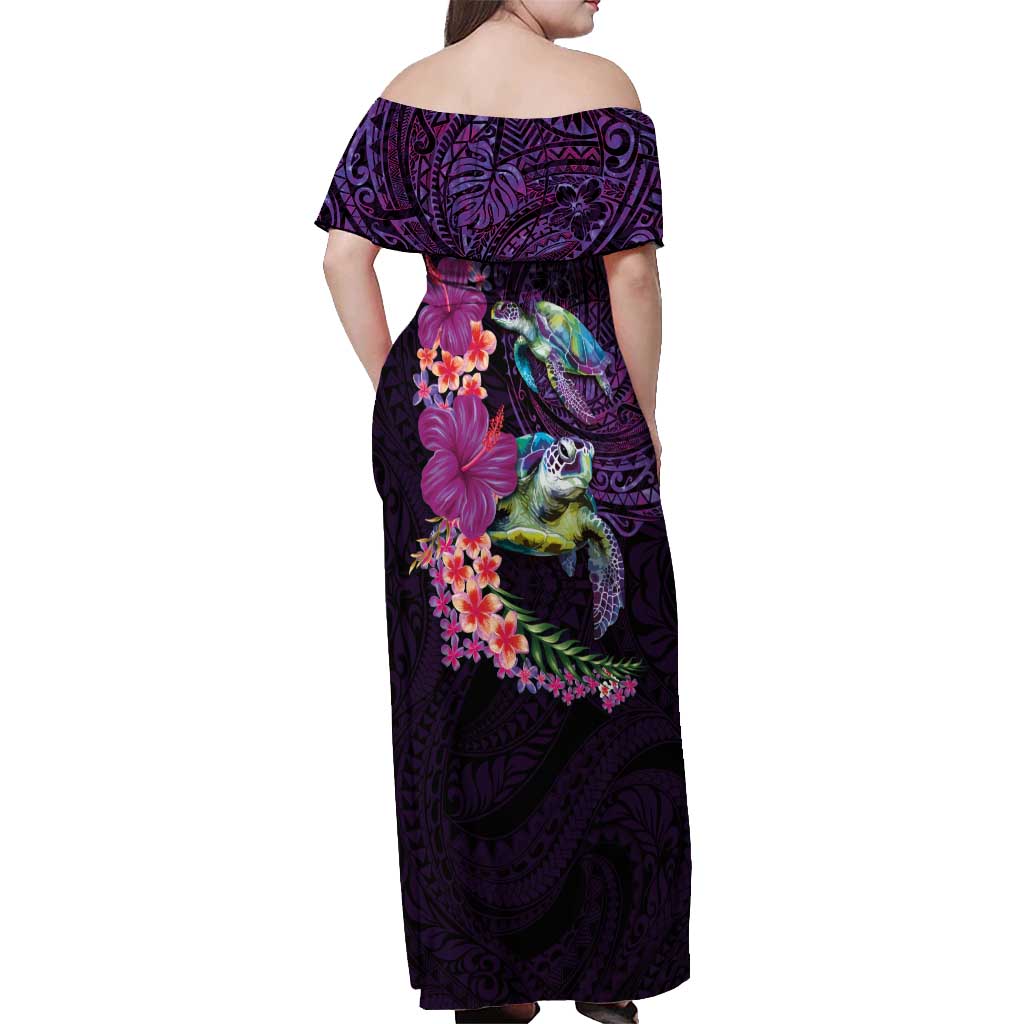 Hawaiian Plumeria and Hibiscus with Turtles Off Shoulder Maxi Dress Polynesian Art Purple Color LT03 - Polynesian Pride