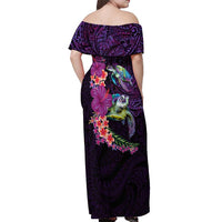 Hawaiian Plumeria and Hibiscus with Turtles Off Shoulder Maxi Dress Polynesian Art Purple Color LT03 - Polynesian Pride
