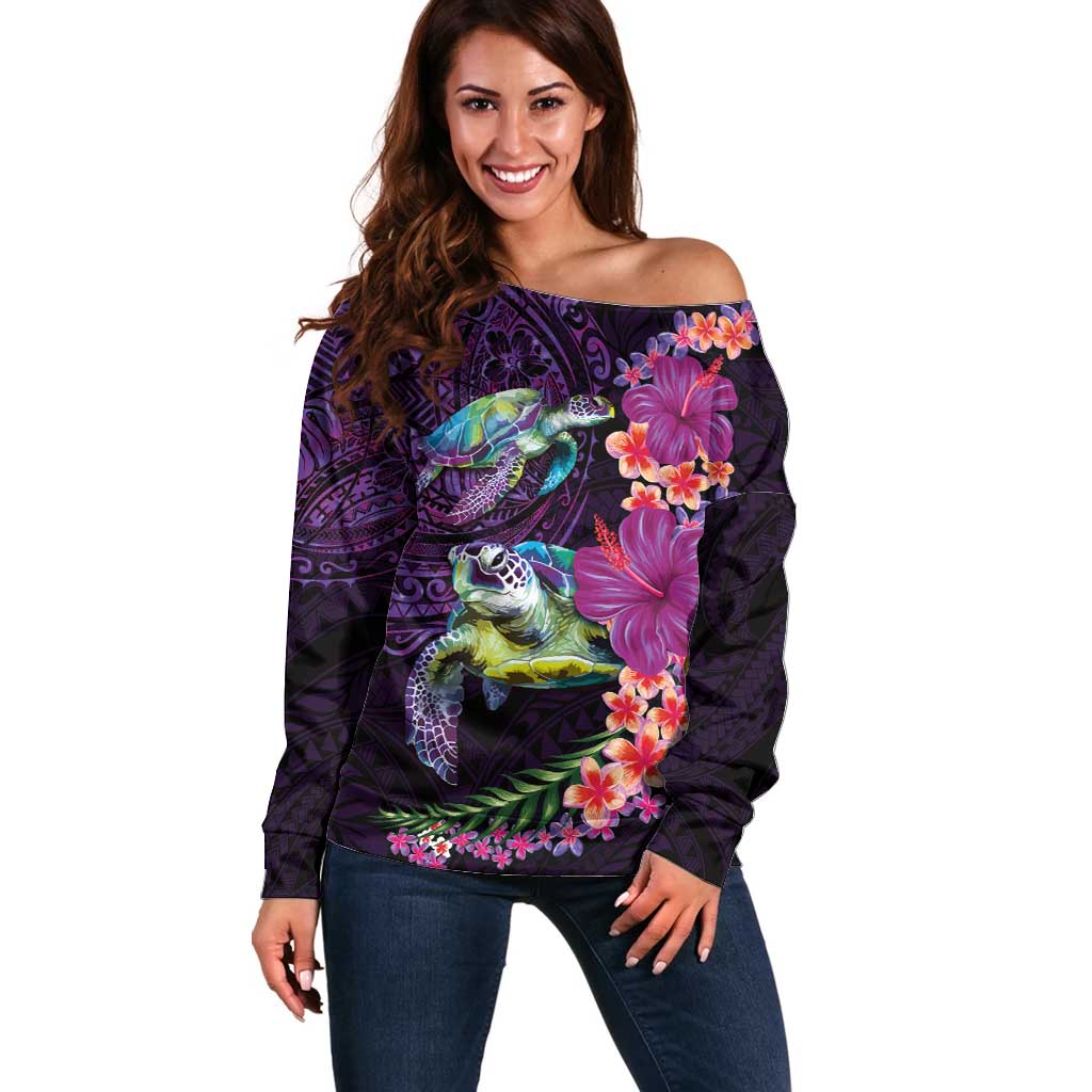 Hawaiian Plumeria and Hibiscus with Turtles Off Shoulder Sweater Polynesian Art Purple Color LT03 Women Purple - Polynesian Pride