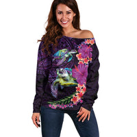 Hawaiian Plumeria and Hibiscus with Turtles Off Shoulder Sweater Polynesian Art Purple Color LT03 Women Purple - Polynesian Pride