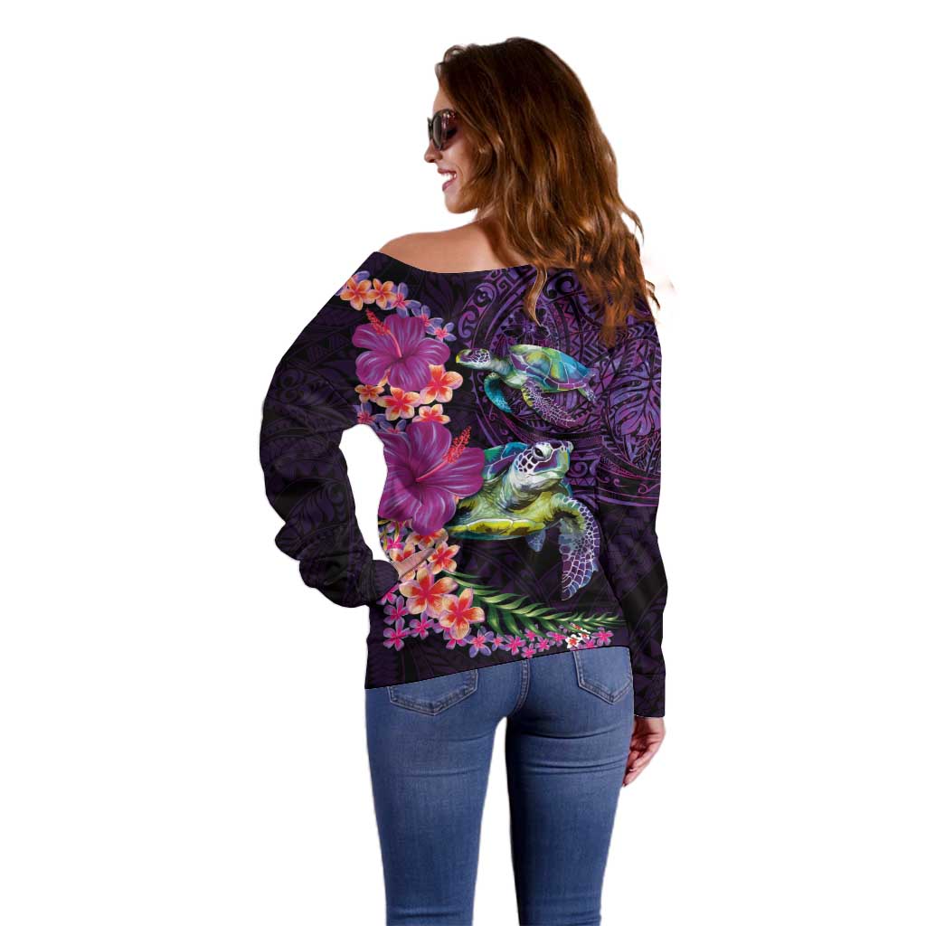 Hawaiian Plumeria and Hibiscus with Turtles Off Shoulder Sweater Polynesian Art Purple Color LT03 - Polynesian Pride