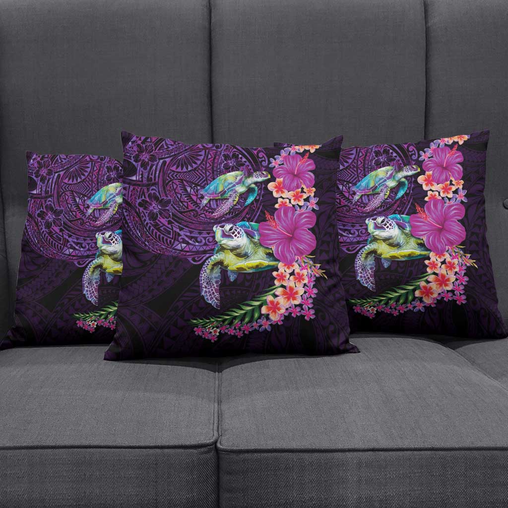 Hawaiian Plumeria and Hibiscus with Turtles Pillow Cover Polynesian Art Purple Color LT03 - Polynesian Pride