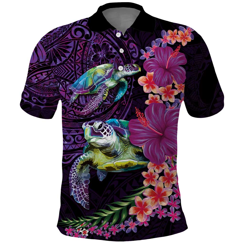 Hawaiian Plumeria and Hibiscus with Turtles Polo Shirt Polynesian Art Purple Color LT03 Purple - Polynesian Pride