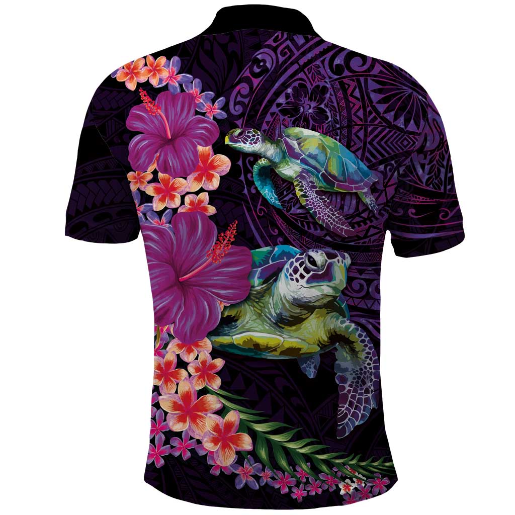 Hawaiian Plumeria and Hibiscus with Turtles Polo Shirt Polynesian Art Purple Color LT03 - Polynesian Pride