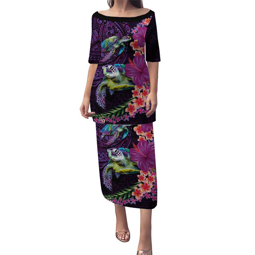 Hawaiian Plumeria and Hibiscus with Turtles Puletasi Polynesian Art Purple Color LT03 Long Dress Purple - Polynesian Pride