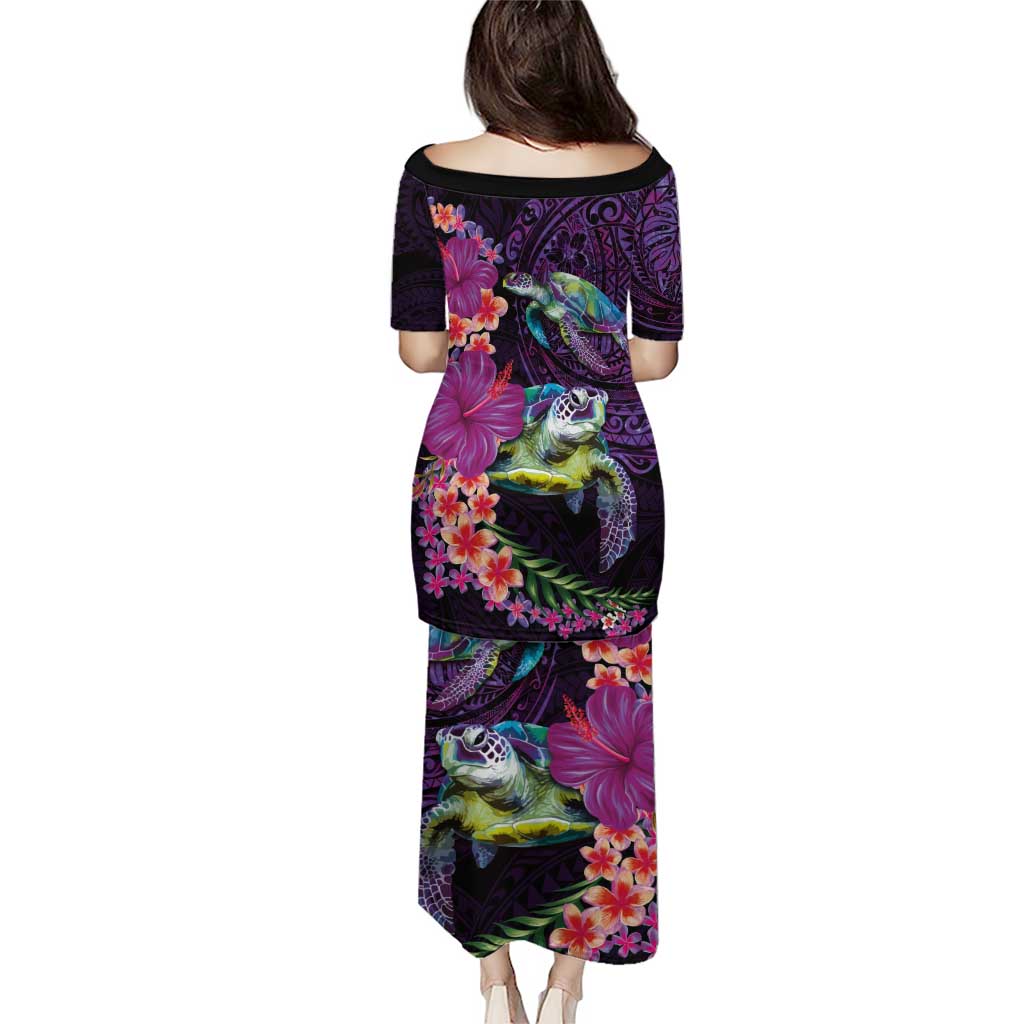 Hawaiian Plumeria and Hibiscus with Turtles Puletasi Polynesian Art Purple Color LT03 - Polynesian Pride