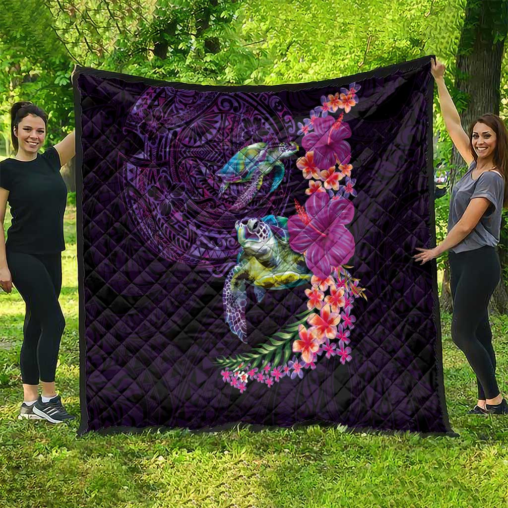 Hawaiian Plumeria and Hibiscus with Turtles Quilt Polynesian Art Purple Color LT03 - Polynesian Pride