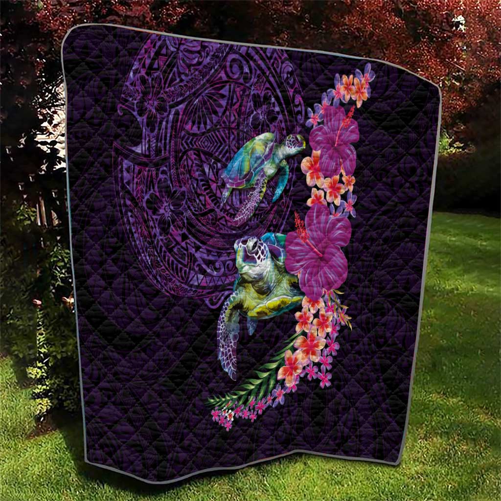 Hawaiian Plumeria and Hibiscus with Turtles Quilt Polynesian Art Purple Color LT03 - Polynesian Pride