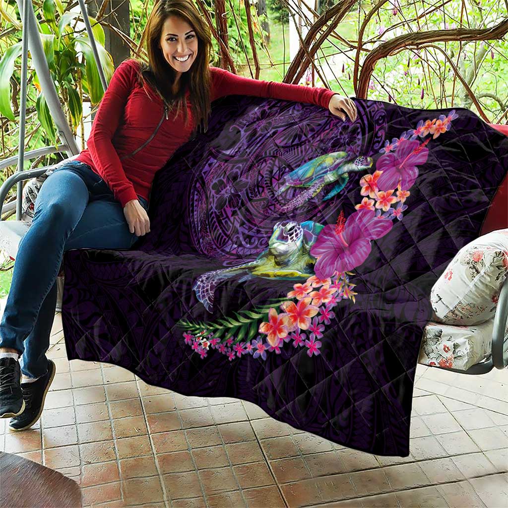 Hawaiian Plumeria and Hibiscus with Turtles Quilt Polynesian Art Purple Color LT03 - Polynesian Pride