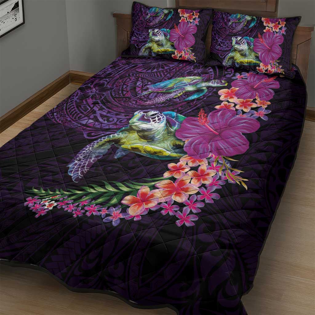 Hawaiian Plumeria and Hibiscus with Turtles Quilt Bed Set Polynesian Art Purple Color LT03 - Polynesian Pride