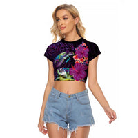 Hawaiian Plumeria and Hibiscus with Turtles Raglan Cropped T Shirt Polynesian Art Purple Color LT03 Female Purple - Polynesian Pride