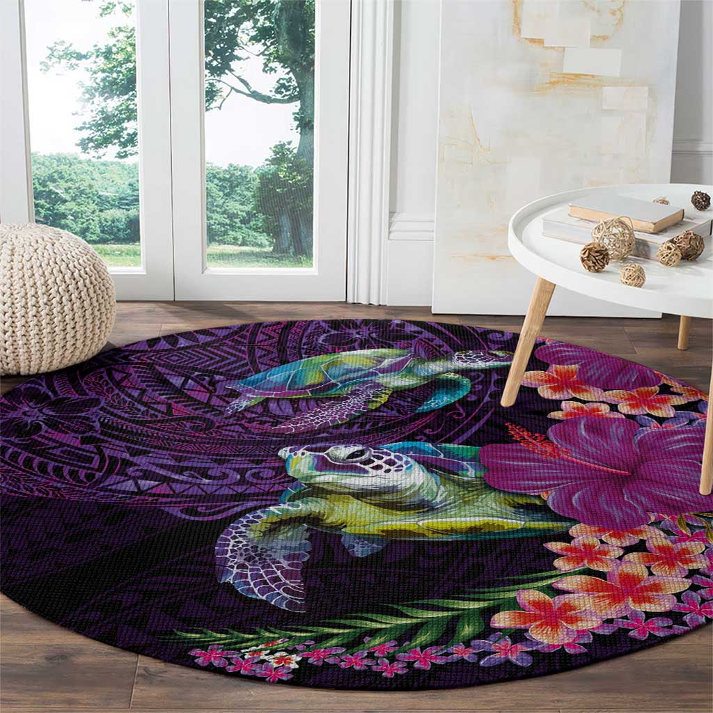 Hawaiian Plumeria and Hibiscus with Turtles Round Carpet Polynesian Art Purple Color LT03 - Polynesian Pride