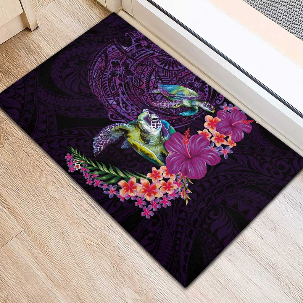 Hawaiian Plumeria and Hibiscus with Turtles Rubber Doormat Polynesian Art Purple Color LT03 - Polynesian Pride